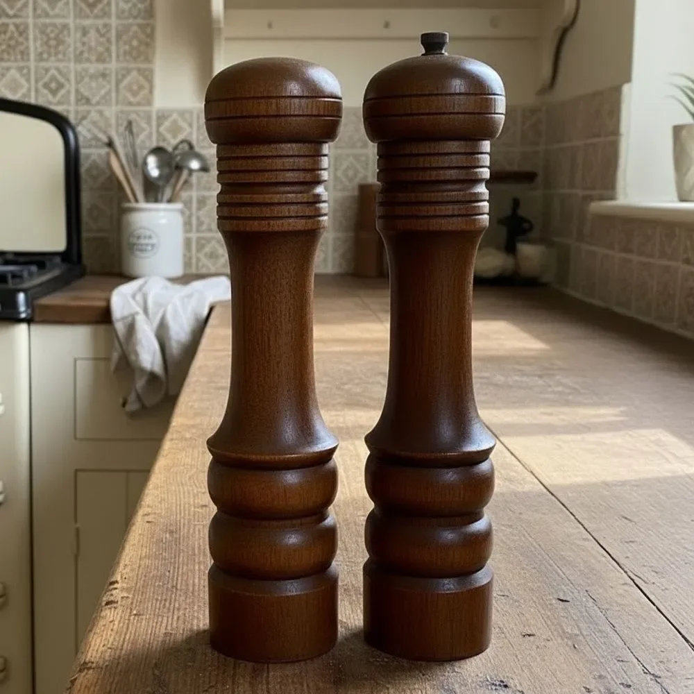 Vintage 1980s Wooden Salt Pepper Grinder Mill Set Large Turned Wood Kitchen Pair
